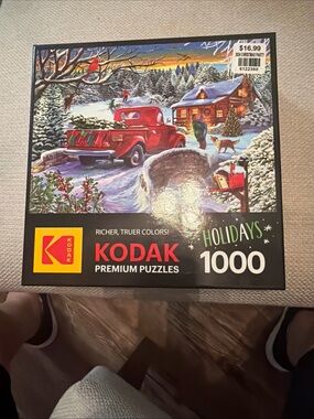 Kodak Holiday Puzzle Featuring Red Truck and Snowy Cabin